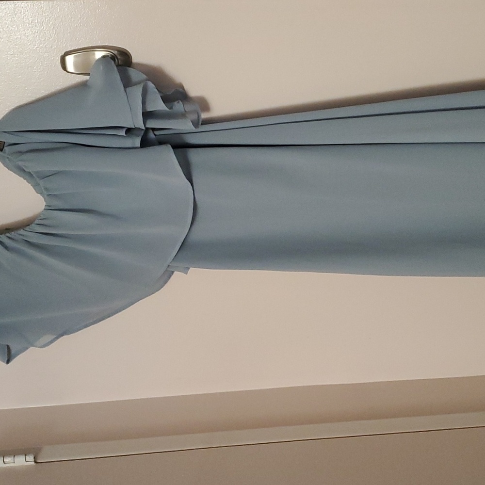 MuMu One Shoulder Tango Ruffle Gown In Steel Blue Chiffon - Picture 7 of 10